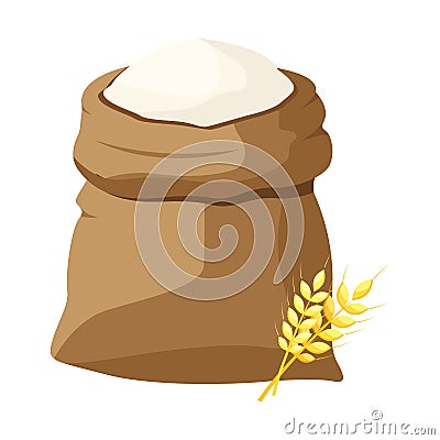 A bag of flour and a shovel, wheat, ears of wheat. Vector Illustration