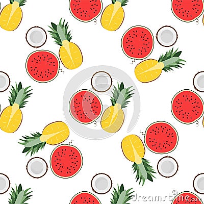 Tropical fruits: pineapple, watermelon, coconut. Vector Illustration