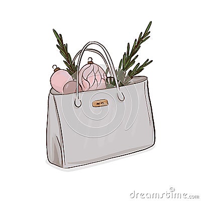 Bag full of winter holidays decoration. Christmas cute sketch decoration. Rose balls with fir spring in luxury glamour purse. Woma Vector Illustration