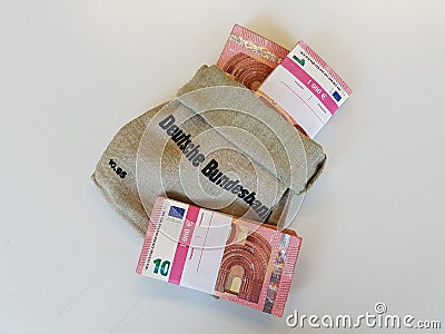 Bag from the German Federal Bank filled with three tousand Euros Editorial Stock Photo