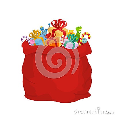 Bag with gifts Santa Claus. Big Red festive holiday bag. Many gi Vector Illustration