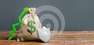 Bag with green dollar symbol, a green arrow up and shield. Concept of protection of money, guaranteed deposits. Client rights Stock Photo
