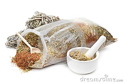 Bag of healing herbs, mortar and pestle Stock Photo