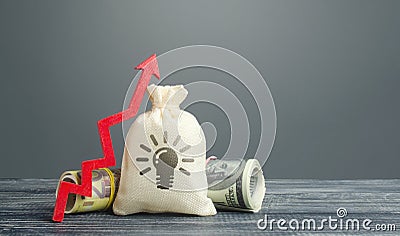 Bag with ideas patents and red up arrow. A successful and profitable startup, innovative technology, software product or invention Stock Photo