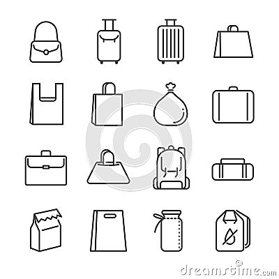 Bag line icon set. Included the icons as plastic bag, suitcase, baggage, luggage and more. Vector Illustration