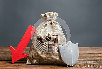 Bag with money symbol, shield and red arrow down. Falling liquidity deposits, the likelihood of losing savings. Guaranteed Stock Photo