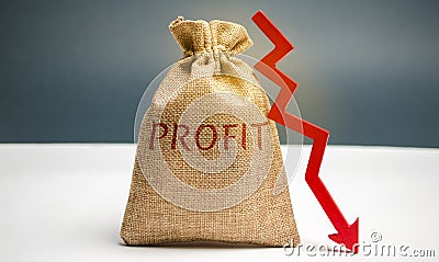 Bag with money and word profit and down arrow. Unsuccessful business and poverty. Profit decline. Loss of investment. Low wages. Stock Photo