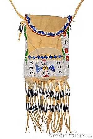 Bag of the North American Indians. Made from deerskin embroidered with colorful glass beads and leather cords Stock Photo