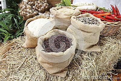 Bag of organic rice Stock Photo