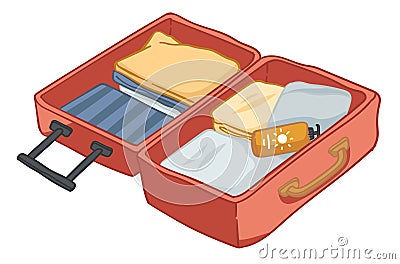 Bag with packed clothes and sunscreen lotions Vector Illustration