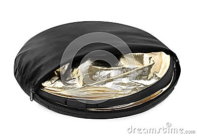 Bag with studio reflector on white. Professional photographer's equipment Stock Photo