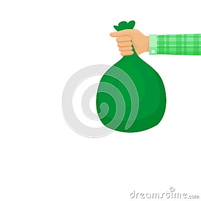 Bag waste green in hand isolated on white background, hand holding green plastic trash bag, illustration bags garbage waste in Vector Illustration