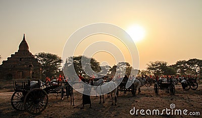 Traditional bullock carts at sunrise, Bagan, Mandalay region, Myanmar Editorial Stock Photo