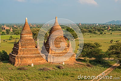 Scenery view of old pagoda in Bagan plains the ancient kingdom of Myanmar. Stock Photo