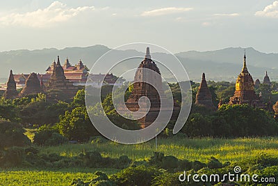 Bagan ancient pagodas at sunset, Mandalay region, Myanmar Stock Photo