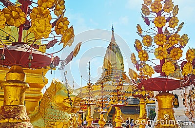 The golden shrines of Shwezigon Pagoda, Bagan, Myanmar Editorial Stock Photo