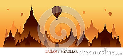 Bagan, Myanmar, Landmarks Silhouette Sunrise Background Vector Illustration