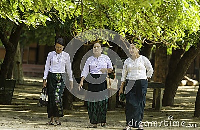Bagan/Myanmar-October 5th 2019: Burmese elderly women wear Burmese traditional woven clothes, which are polite suits to wear on im Editorial Stock Photo