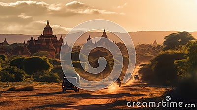 Bagan Myanmar at sunset - made with Generative AI tools Stock Photo