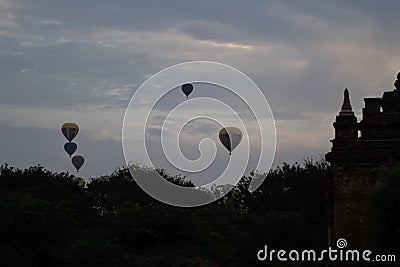 A few hot air balloons in the sky during early morning in Bagan, Nyaung-U, Myanmar Editorial Stock Photo