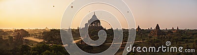 Bagan panorama view Pagoda landscape sunrise with ballons Stock Photo