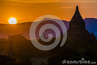 Bagan temple silhouette at sunset Stock Photo