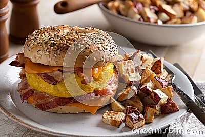 Bagel Breakfast Sandwich With Egg Bacon and Cheese Stock Photo