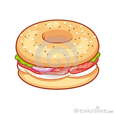 Bagel with cream cheese and salmon Vector Illustration