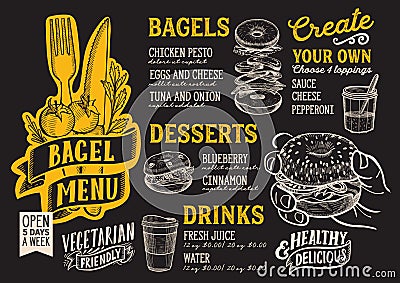 Bagel and sandwich menu food template for restaurant with doodle Vector Illustration