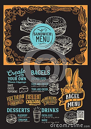 Bagel and sandwich menu food template for restaurant with doodle hand-drawn graphic Vector Illustration