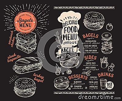 Bagel and sandwich menu for restaurant with food graphic illustrations Vector Illustration