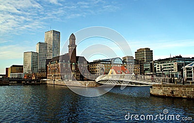 Bagers Bro Bridge, World Maritime University WMU building and Clarion Hotel and Congress in MalmÃ¶. Editorial Stock Photo