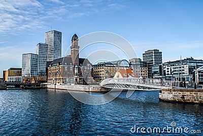 Bagers Bro Bridge, World Maritime University WMU building and Clarion Hotel and Congress in MalmÃ¶. Editorial Stock Photo