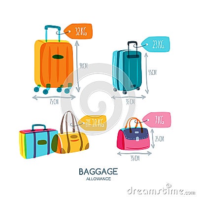 Baggage allowance icons. Multicolor luggage, suitcase, bags with tags and labels. Vector Illustration