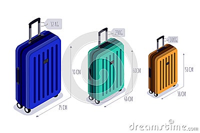 Baggage allowance isolated vector isometric icons. Checked baggage, carry-on and hand luggage for traveling by aircraft. Vector Illustration