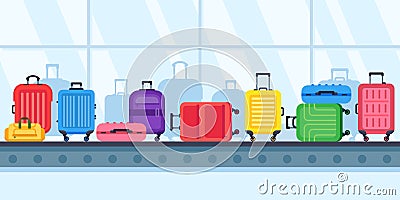 Baggage belt conveyor. Travel suitcases on airport luggage carousel, airline lost suitcase vector illustration Vector Illustration