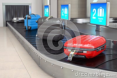 Baggage claim in airport terminal. Suitcases on the airport luggage conveyor belt Cartoon Illustration