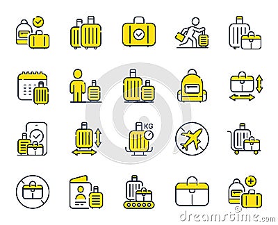 Baggage line icons. Travel bag size, Check weight and Backpack set. Vector Vector Illustration