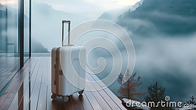Baggage on retreat hotel balcony perched in misty mountains Stock Photo