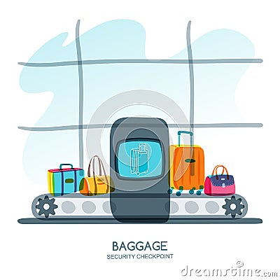 Baggage security checkpoint in airport terminal. Vector hand drawn illustration. Vector Illustration