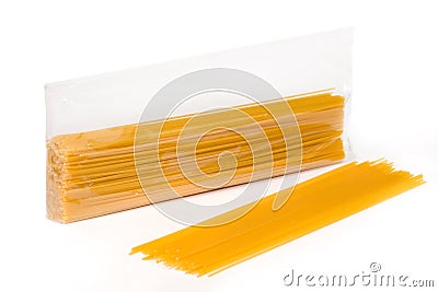 Bagged and out-of-bag bunch of spaghetti isolated on white background Stock Photo