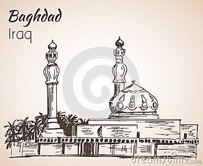 Baghdad cityscape mosque - Iraq. Sketch. Vector Illustration