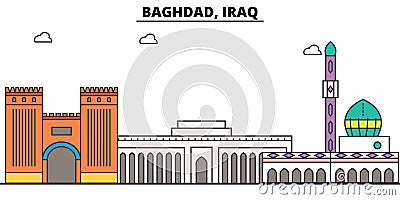 Baghdad, Iraq outline skyline, arab flat thin line icons, landmarks, illustrations. Baghdad, Iraq cityscape, arab travel Vector Illustration