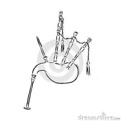 Bagpipes instrument sketch vector illustration. Scratch board style imitation. Black and white hand drawn image Cartoon Illustration
