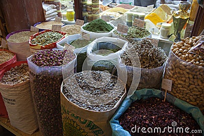 Bags with Arabic spices outside a store at the Souq Waqif, Doha. Qatar Editorial Stock Photo