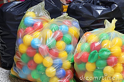 bags of balls during the collection of the plastic used in the p Stock Photo