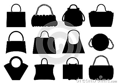 Bags black silhouettes. Stylish handbags. Shopping fashion collection. Elegant clutch. Female tote and backpack. Glamour Vector Illustration