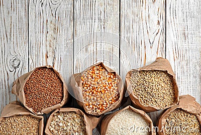 Bags of different cereal grains Stock Photo