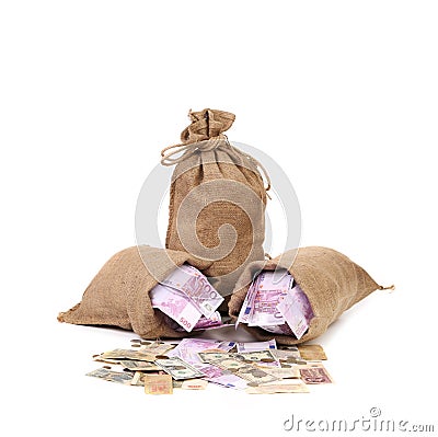 Bags of euro on coins. Stock Photo