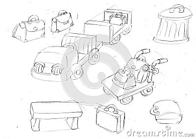 Bags and garbage and bench ,sketches and pencil sketches and doodles Cartoon Illustration